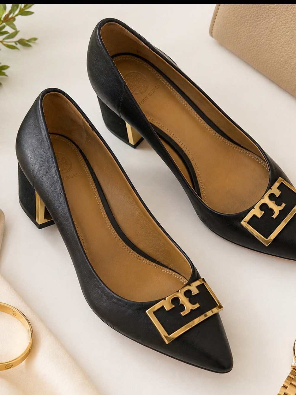 Tory Burch Black Leather Suede Block Heel Pumps Gold Logo Pointed Toe Size 8